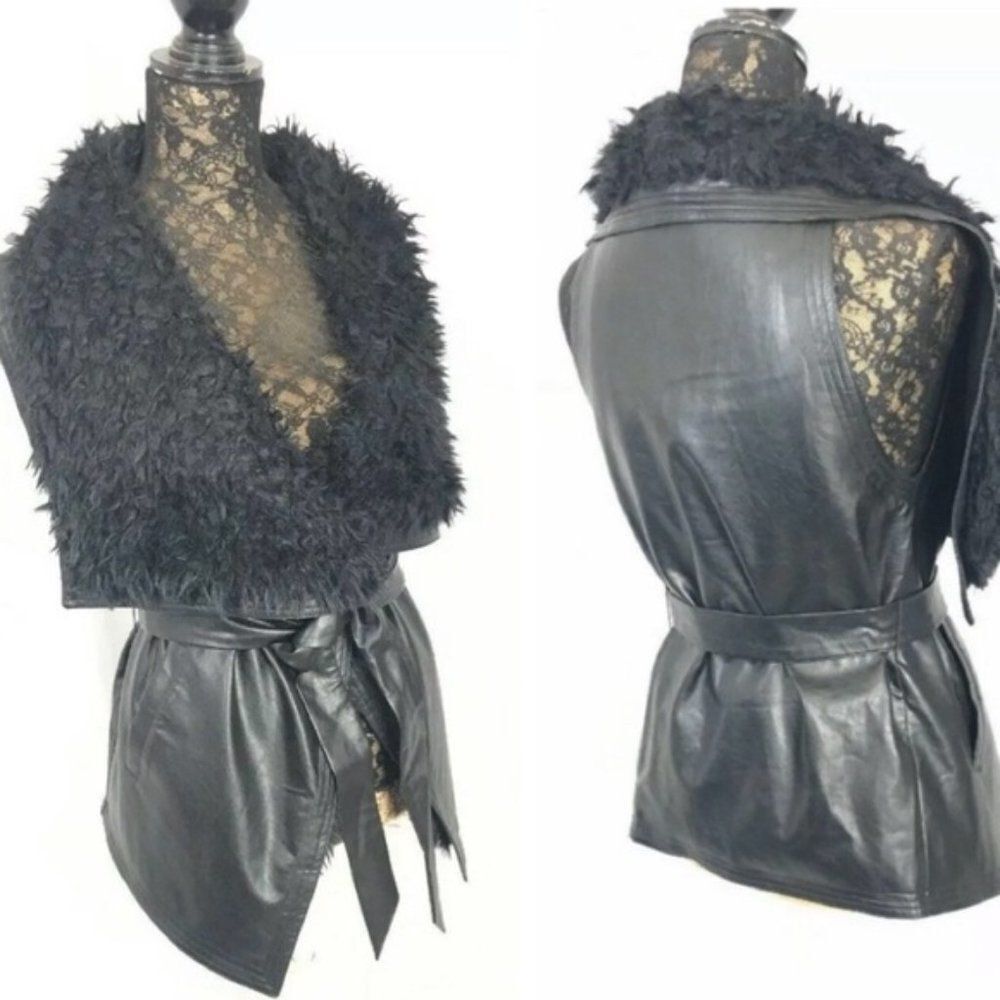 LOVE TREE Faux Leather Vest Draped Sherpa Collar Y